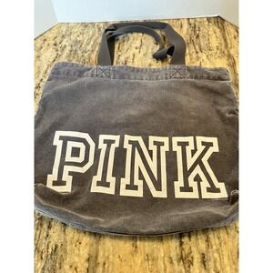 VICTORIA'S SECRET PINK  Gray CANVAS TOTE Large, White Writing Zippered Vintage